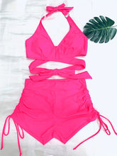 Load image into Gallery viewer, Coastal Curve Halter Bikini Set for Women – V-Neck Crisscross Drawstring Swimsuit with Chic Ring Detail & High-Waisted Boxer Shorts for Summer – Sleek Two-Piece Nylon Swimwear for Women’s Beach & Poolside Style