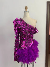 Load image into Gallery viewer, Purple Sequined Feather Skirt One-shoulder Sleeve Short Dress Luxury Party Stage Performance Dress