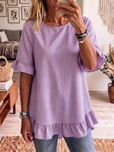 Load image into Gallery viewer, Women's Striped Ruffle-Sleeve Loose-Fit Blouse – Three-Quarter Sleeve