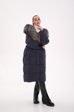 Load image into Gallery viewer, Rei Genuine Fur Trim Hooded Down Coat in Navy