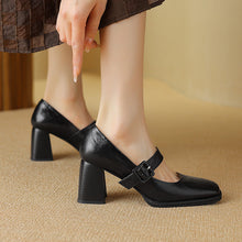 Load image into Gallery viewer, Women's Sheepskin Mary Jane Heels – Square Toe Chunky Heel Buckle Pumps