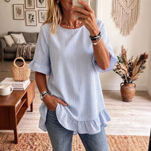 Load image into Gallery viewer, Women's Striped Ruffle-Sleeve Loose-Fit Blouse – Three-Quarter Sleeve