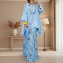 Load image into Gallery viewer, Women's Solid Linen-Style Tunic Top & Watercolor Floral Wide-Leg Pants Set