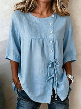 Load image into Gallery viewer, Women's Lace-Up Button Shirt – 3/4 Sleeve Asymmetric