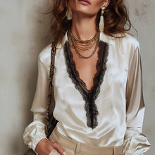 Load image into Gallery viewer, Women's V-Neck Black Lace Patchwork Lantern Sleeve Blouse