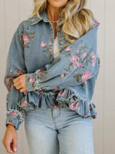 Load image into Gallery viewer, Women's Retro Floral Print Denim Jacket – Long Sleeve Collared Ruffled Hem Short Jacket