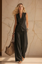 Load image into Gallery viewer, Women's Solid Linen Sleeveless Vest & Wide-Leg Pants Set