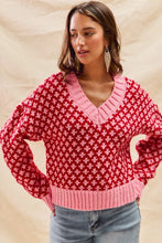 Load image into Gallery viewer, SO ME Color Block Textured Christmas Sweater V Neck Top