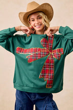 Load image into Gallery viewer, BiBi Plaid Ribbon Bow Detail Christmas Fleece Pullover
