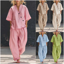 Load image into Gallery viewer, V-Neck Short Sleeve Top & High-Waist Trousers Two-Piece Set