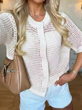 Load image into Gallery viewer, Women's Hollow-Out Knit Cardigan – Open Front, Short Sleeve, Solid Color