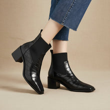 Load image into Gallery viewer, Women's Cowhide Square Toe Chunky Heel Pumps – Vintage Minimalist High Heels
