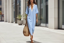 Load image into Gallery viewer, Women's V-Neck Loose Cropped-Sleeve Linen Midi Dress with Pockets