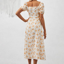 Load image into Gallery viewer, Square Neck Floral Print Dress With Puff Sleeves & Side Slit Maxi Dress
