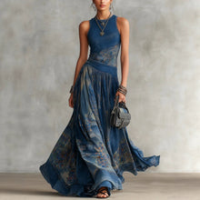 Load image into Gallery viewer, Women's Navy Blue Artistic Print Sleeveless Fitted Bodice Swing Maxi Dress