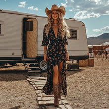 Load image into Gallery viewer, Women's Floral Printed Denim Patchwork Midi Dress — A-Line Half Sleeve