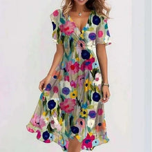 Load image into Gallery viewer, Floral Print A-Line Dress – V-Neck Short Sleeve Midi Dress