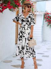 Load image into Gallery viewer, Black White Printed Balloon Sleeve Dress Elegant & Chic Casual Wear For Summer