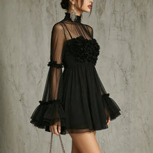 Load image into Gallery viewer, Women's Floral Embroidered Sheer Lace Dress — High Neck Flared Sleeve