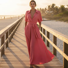 Load image into Gallery viewer, Women's Solid Color Waist-Slimming Maxi Dress — Flip Collar