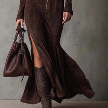 Load image into Gallery viewer, Women's Suede Velvet Zip-Front Fishtail Maxi Dress – Long Sleeve High Waist Mermaid Hem