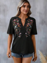Load image into Gallery viewer, Women's Floral Embroidered Notched V-Neck T-Shirt – Short Sleeve Boho Lace Trim Top