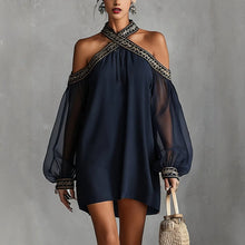 Load image into Gallery viewer, Women's Off-Shoulder Embroidered Mini Dress | Sheer Lantern Sleeve A-Line Resort Dress