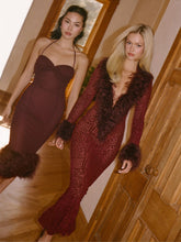 Load image into Gallery viewer, Pluma Maroon Halter Faux-Fur Trimmed Midi Dress
