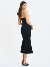 Load image into Gallery viewer, Saige Black Mermaid Midi Dress with Ivory Bow Bustline