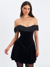 Load image into Gallery viewer, Daisha Black Lace Trimmed Off-Shoulder Ruched Mini Dress