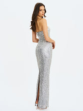 Load image into Gallery viewer, Noelle Silver Sequin Pearl-Embellished Sweetheart Maxi Dress
