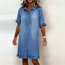 Load image into Gallery viewer, Women's Faux Denim Ruffle-Sleeve Shirt Dress