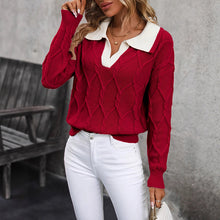 Load image into Gallery viewer, 🧶 Women’s Lapel V-Neck Color-Block Long-Sleeve Pullover Sweater