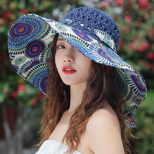 Load image into Gallery viewer, Women's Patterned Straw Beach Sun Hat – Round Crown UV Protection Summer Hat