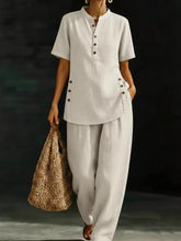 Load image into Gallery viewer, Three-Quarter Sleeve Shirt & Wide-Leg Pants Two-Piece Set – Solid Color Casual