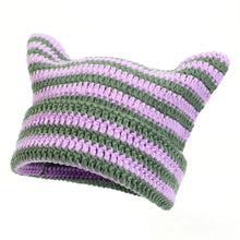 Load image into Gallery viewer, Women’s Hand Knitted Striped Cat Hat – Cute Warm Winter Beanie
