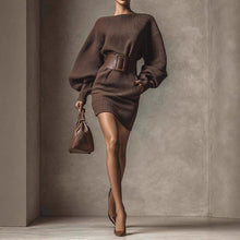 Load image into Gallery viewer, Women’s Brown Bodycon Mini Dress — Boat Neck, Long Sleeve