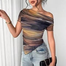 Load image into Gallery viewer, Women’s Tie-Dye One-Shoulder Mesh Ruched Top – Asymmetrical Stretch Tee for Going Out