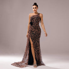 Load image into Gallery viewer, One-shoulder Diagonal Collar Leopard Sequined Evening Dress
