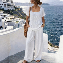 Load image into Gallery viewer, Women's Square-Neck Short-Sleeve Pantsuit – Cotton Blend Two-Piece Set