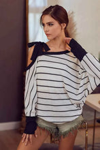 Load image into Gallery viewer, BiBi Stripe Yarn Dye Waffle One Shoulder Women's Top with Ribbon Detail