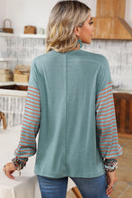 Load image into Gallery viewer, Green Color block Striped Women's Top with Bishop Sleeves and Side Slits