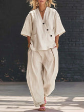 Load image into Gallery viewer, V-Neck Short Sleeve Top & High-Waist Trousers Two-Piece Set
