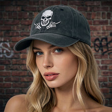 Load image into Gallery viewer, Washed Black Skull Embroidered Trucker Cap