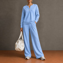 Load image into Gallery viewer, Women's Single-Button Split-Neck Sweatshirt & Wide-Leg Pants Set