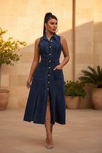 Load image into Gallery viewer, Women's Retro Washed Denim Midi Dress – Sleeveless Collared Button-Front with Slits & Pockets
