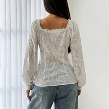 Load image into Gallery viewer, Women’s Square Neck Eyelet Lace Blouse – Puff Sleeve Hollow-Out Button Top