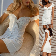 Load image into Gallery viewer, Women's Off-Shoulder Lace-Up Puff-Sleeve Single-Breasted Sheath Dress