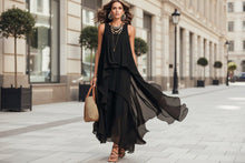 Load image into Gallery viewer, Asymmetrical Ruffle Mesh Chiffon Sleeveless Maxi Dress – Black, XS–XXL