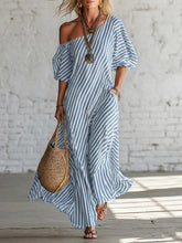 Load image into Gallery viewer, Women's Striped Off-Shoulder Elegant Midi Dress